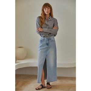 By Together Anthropologie Denim Midi Skirt Front Slit Size Small